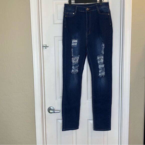 BOB Dark Denim Distressed High Rise Skinny Jeans Size 15/16 - Picture 1 of 8
